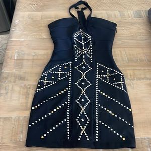 Bebe Strech Body Contouring Mini Dress with Silver & Gold Detail